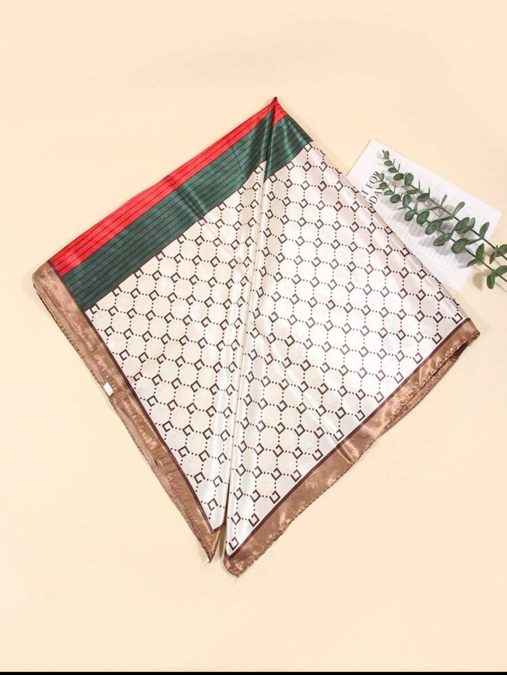 Silky Like Geometric Pattern Headscarf in Khaki and Brown nwt - Picture 2 of 5
